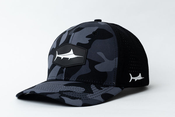 BIllFishGear: Blue Marlin 3D Patch Hat Black Camo – Performance fishing apparel designed for sun protection, comfort, and offshore durability.