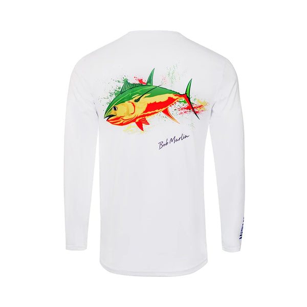 Bob Marlin Performance Shirt Rasta Tuna White – Performance fishing apparel designed for sun protection, comfort, and offshore durability.