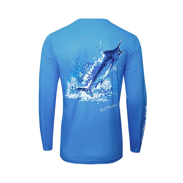 Bob Marlin Performance Shirt Ocean Marlin Blue – Performance fishing apparel designed for sun protection, comfort, and offshore durability.