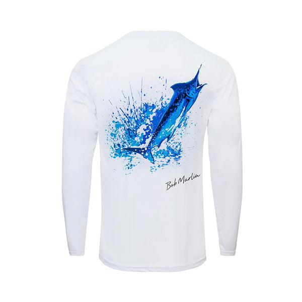 Bob Marlin Performance Shirt Ocean Marlin White – Performance fishing apparel designed for sun protection, comfort, and offshore durability.
