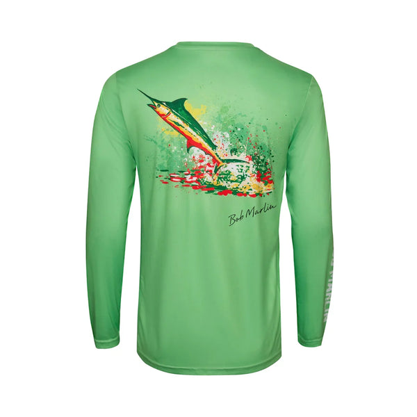 Bob Marlin Performance Shirt Rasta Marlin Green – Performance fishing apparel designed for sun protection, comfort, and offshore durability.