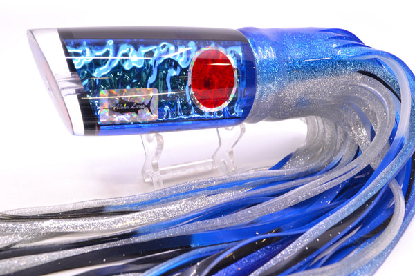 Aloha Lures Teal-Blue Dichro Red Eyes Smash Bait 14" 15.5oz Skirted Blue-Silver – premium trolling lure for offshore big game fishing