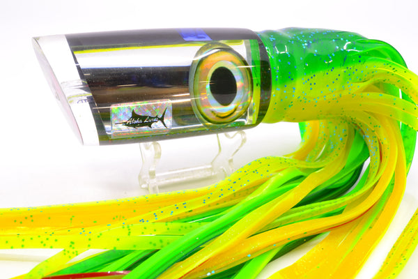 Aloha Lures Clear Mirrored Black Back Taxi Eyes Smash Bait 14" 13.5oz Skirted Mahi – premium trolling lure for offshore big game fishing