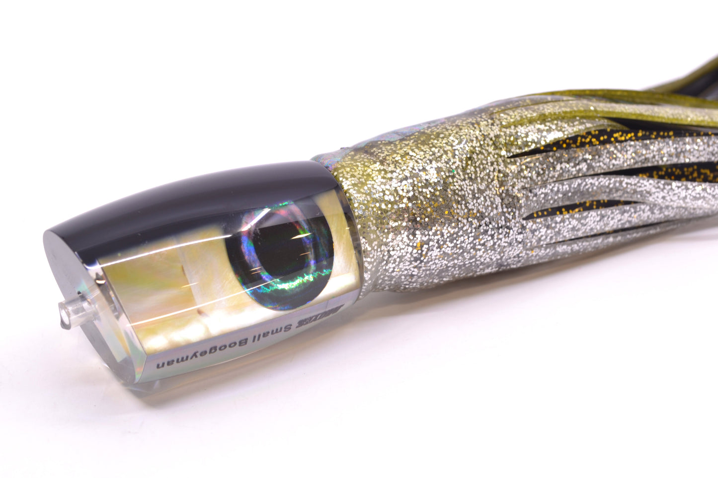 Moyes Lures Golden MOP Black Back Small Boogeyman 9" 3.5oz Skirted Yellow Aurora