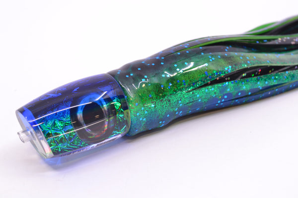 Moyes Lures Blue-Green Oil Slick Blue Back Taxi Eyes Small J-Boy 9" 3.5oz Skirted