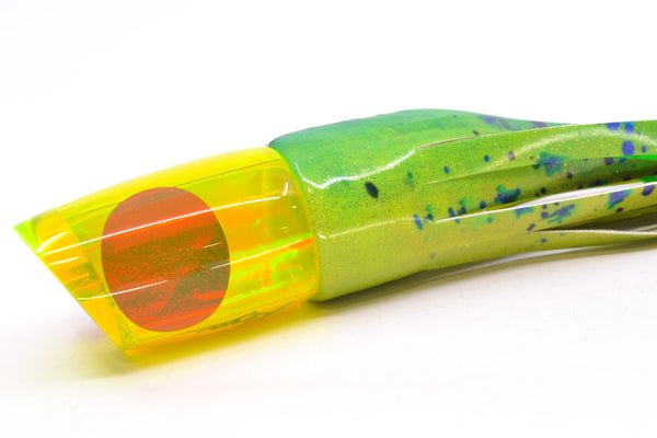 Koya Lures Chartreuse Rainbow Red Eyes Small Poi Dog 10" 6.5oz Fire Tailz Vinyl Mahi – premium trolling lure for offshore big game fishing