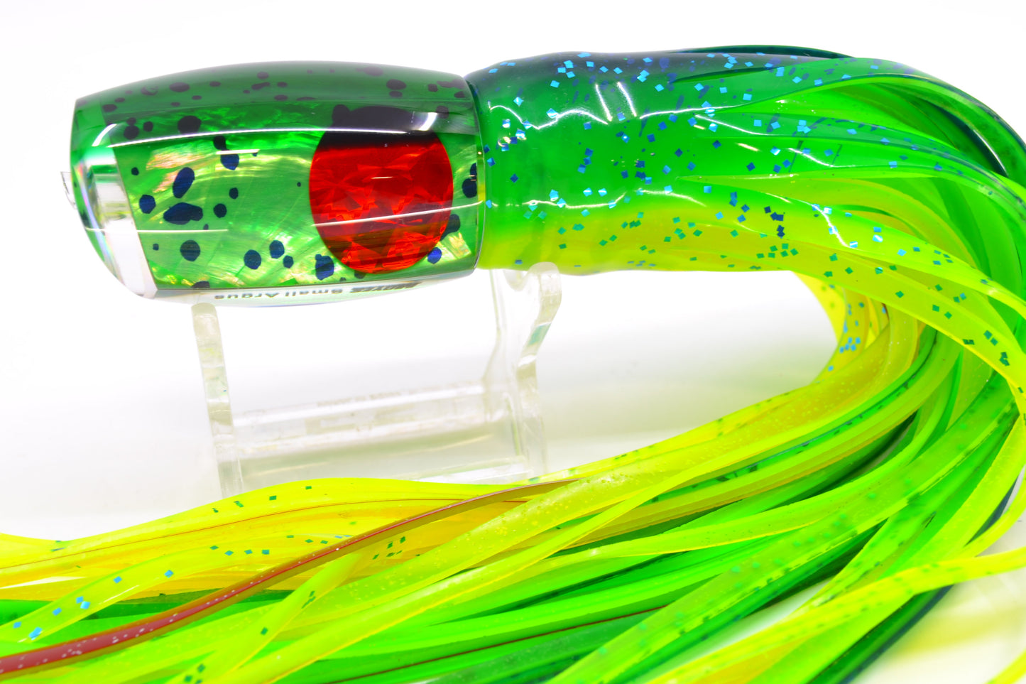 Moyes Lures Mahi MOP Green Back Red Eyes Small Argus 9" 3.5oz Skirted Mahi