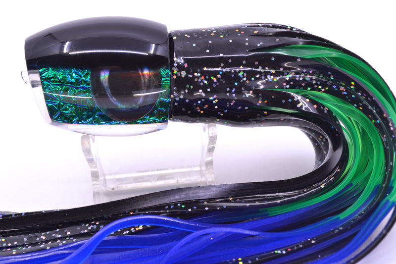 Moyes Lures Blue-Green Oil Slick Black Back Taxi Eyes Medium Blaster 12" 6oz Skirted Black