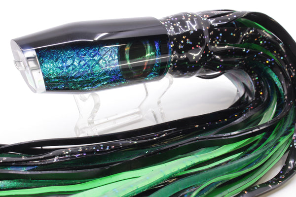 Moyes Lures Blue-Green Oil Slick Black Back O.S. Plunger 12" 7oz Skirted Black – premium trolling lure for offshore big game fishing