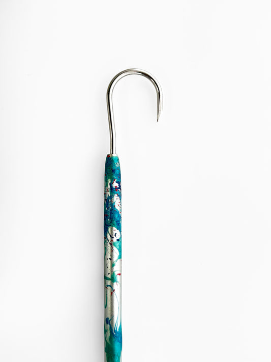 Dahunter Carbon Fiber Gaff with Blue-Red-Turquoise Cord Wrap, 4Ft Shaft and 2-Inch Tiller Hook