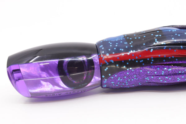 Moyes Lures Purple MOP Black Back Medium Argus 12" 6.5oz Skirted Black-Blue-Purple – premium trolling lure for offshore big game fishing