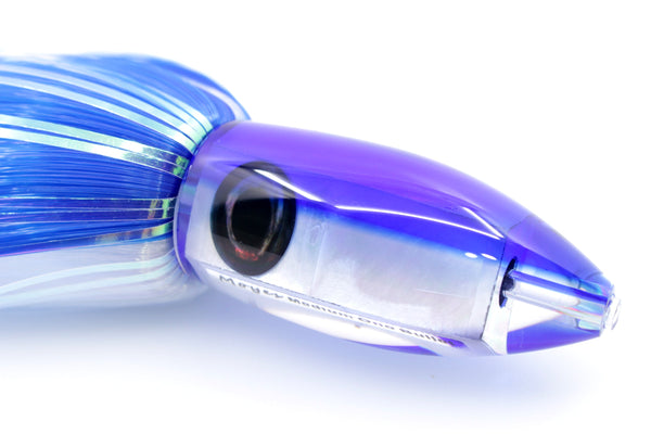 Moyes Lures White MOP Blue Back Medium Ono Bullet 9" 5.5oz Skirted Blue-White Hair – premium trolling lure for offshore big game fishing