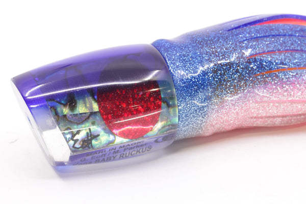 Marlin Magic Paua Shell Blue Back Red Eyes Baby Ruckus 10" 6.5oz Skirted Sunrise – premium trolling lure for offshore big game fishing