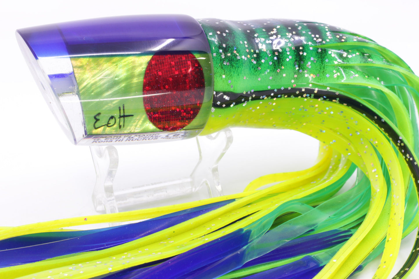 Marlin Magic Lime Green MOP Blue Back Red Eyes Ruckus 12" 11oz Skirted Green-Black Stripes