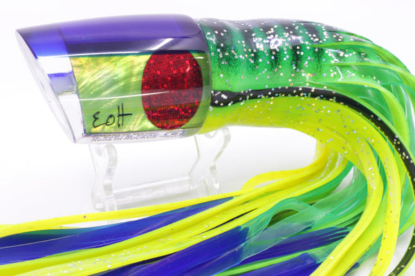 Marlin Magic Lime Green MOP Blue Back Red Eyes Ruckus 12" 11oz Skirted Green-Black Stripes – premium trolling lure for offshore big game fishing
