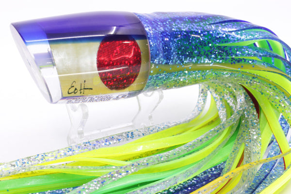 Marlin Magic Golden MOP Blue Back Red Eyes Ruckus 12" 11oz Skirted Blue-Silver/Green – premium trolling lure for offshore big game fishing