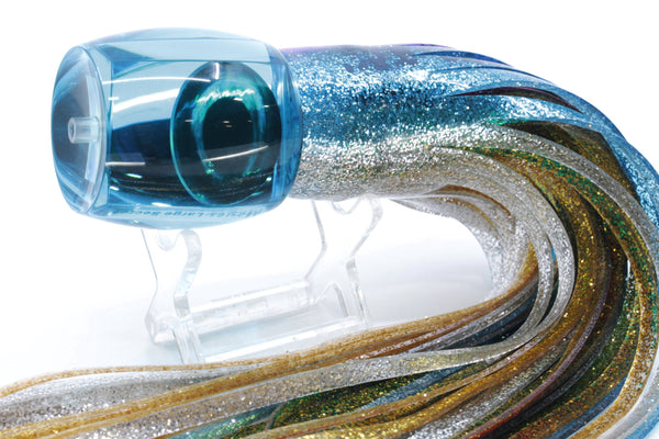 Moyes Lures Ice Blue Mirrored Large Secret 12" 6.5oz Skirted Blue-Silver/Green-Gold – premium trolling lure for offshore big game fishing