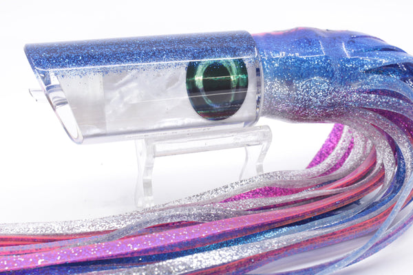 Moyes Lures White MOP Blue Glitter Back Medium Pipe Bomb 12" 7.5oz Skirted – premium trolling lure for offshore big game fishing