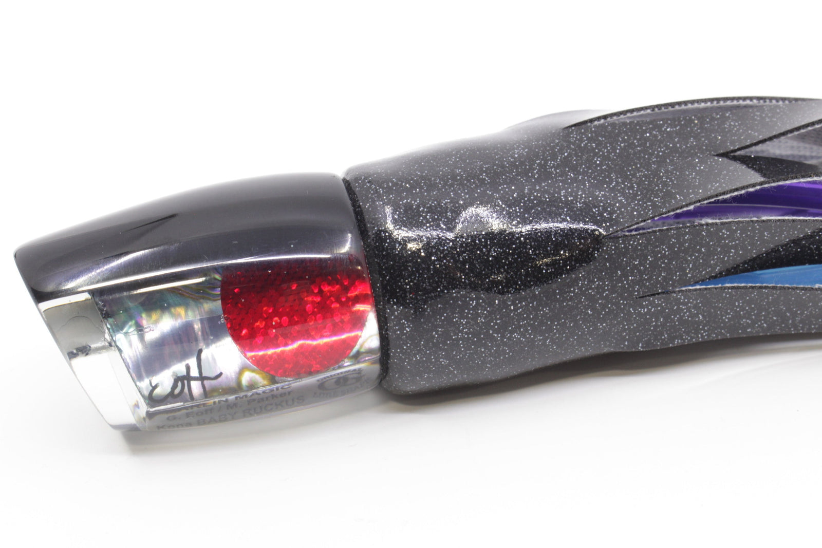 Marlin Magic Blue-Purple Abalone Black Back Red Eyes Baby Ruckus 10" 5.5oz Vinyl (damage) - Trolling Lures (view 3 of 8)