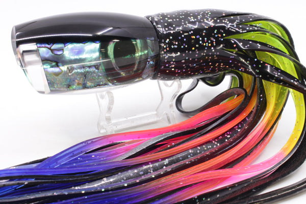 Moyes Lures Paua Shell Black Back Taxi Eyes Large Argus 14" 10oz Skirted Black/Rainbow – premium trolling lure for offshore big game fishing