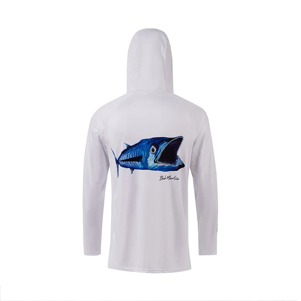 Bob Marlin Performance Hoody With Built-in Face Mask Natty King White – Performance fishing apparel designed for sun protection, comfort, and offshore durability.