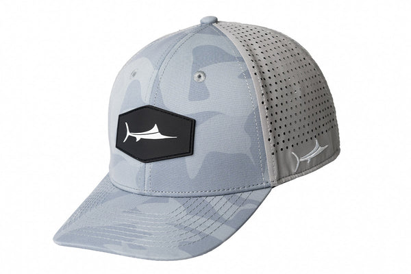 BIllFishGear: Blue Marlin 3D Patch Hat Grey Camo – Performance fishing apparel designed for sun protection, comfort, and offshore durability.